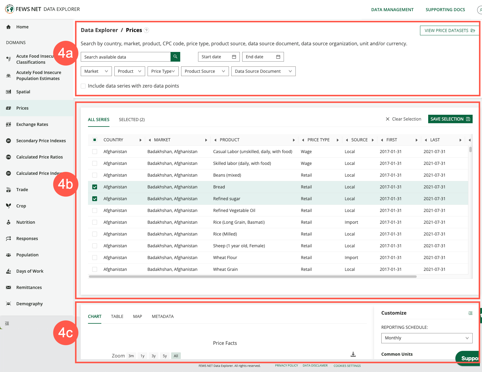 On a domain page, there are options to search and filter the data. Results can then be selected using a checkmark. Below, visualization and export options for the selected data appear.