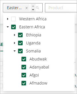 Image shows the market filter with Eastern Africa expanded to show countries in that region. Below that, Somalia is expanded to show all market in the country. Eastern Africa and all countries and markets listed under Eastern Africa are selected.