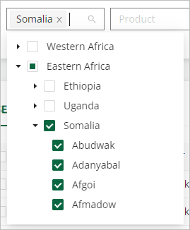 Image shows the market filter with Eastern Africa expanded to show countries in that region. Below that, Somalia is expanded to show all market in the country. Somalia and all markets under Somalia are selected.