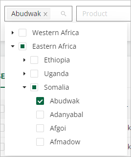 Image shows the market filter with Eastern Africa expanded to show countries in that region. Below that, Somalia is expanded to show all market in the country. The Abudwak market is selected.