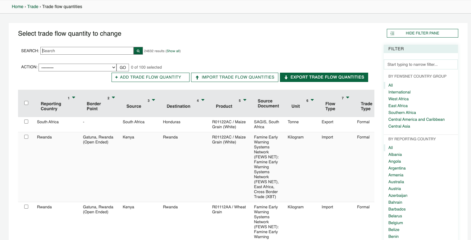 The table view displays Trade flow quantities from the Trade data series. Columns tied to the Trade data series (e.g., Reporting Country, Flow Type and Trade Type) are shown.