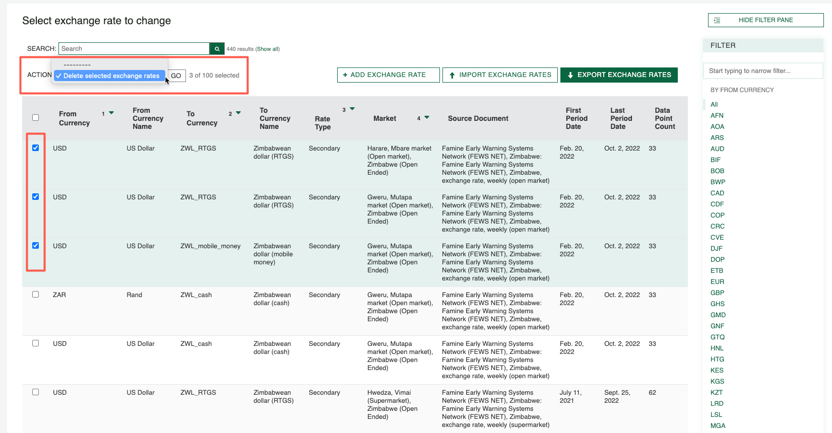 Several exchange rate data series have been selected using a checkbox in the first column. The Action box drop-down list shows the option to delete selected exchange rates.