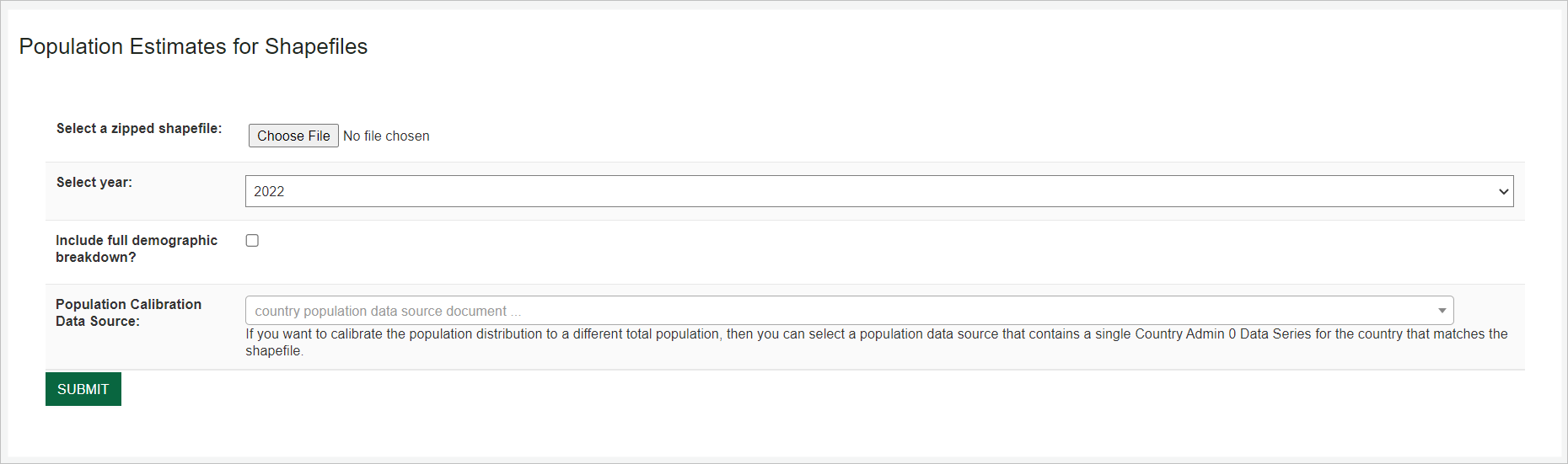 The Population Estimates for Shapefiles screen provides a Choose File button, a dropdown list for year, a checkbox to include the full demographic breakdown, a drop-down list for population calibration data source and a green submit button.