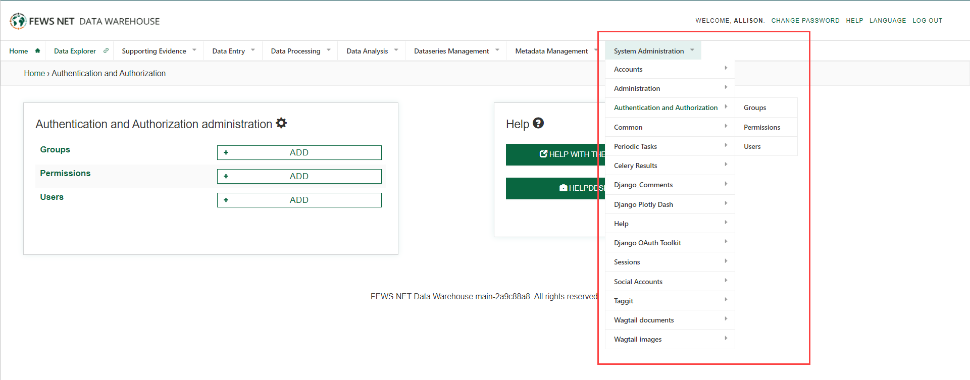 Hover over System Administration on the system wide menu bar to access the Administration sub-pages.