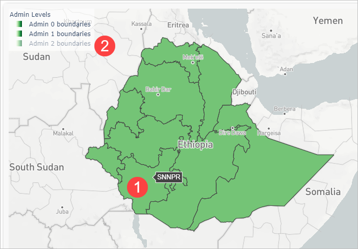 In the upper left corner of the map of Ethiopia there is a legend for the Admin Levels. Admin 2 Boundaries has been excluded and is grayed out.