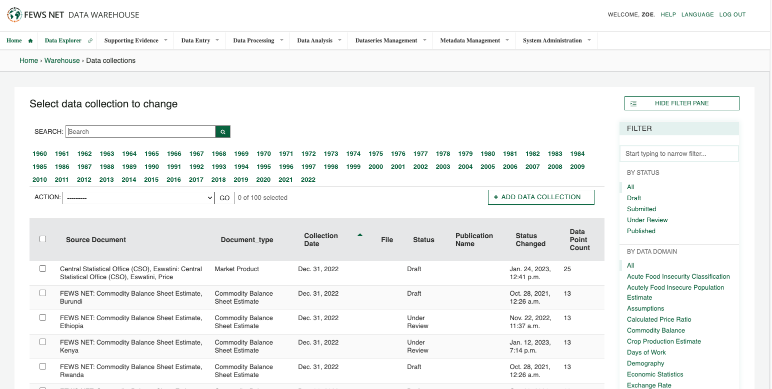 Under the heading, Select data collection to change, there is a search bar. Beneath it, available years are listed from 1960 to 2022. There is an action dropdown list, and a button to add data collection. The grid displays available collections.