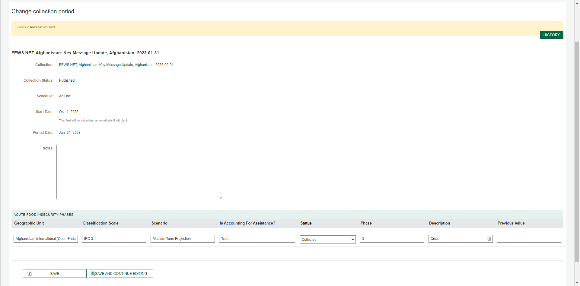 The modifiable fields for the FEWS NET, Afghanistan Key Messages Update, Afghanistan 2023-01-31 data collection includes Geographic Unit, Classification Scale, Scenario, Is Accounting for Assistance, Status, Phase, Description and Previous Value.