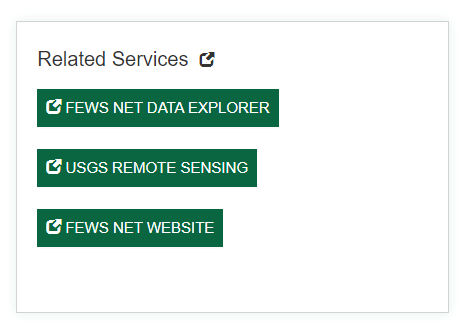 There are green buttons with white text for the FEWS NET Data Explorer, USGS Remote Sensing, and the FEWS NET website.