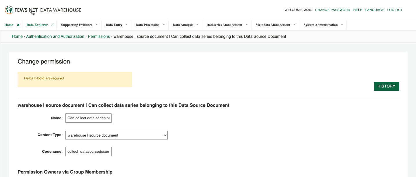 The collect_datasourcedocument permission reflects permission owners via group membership.