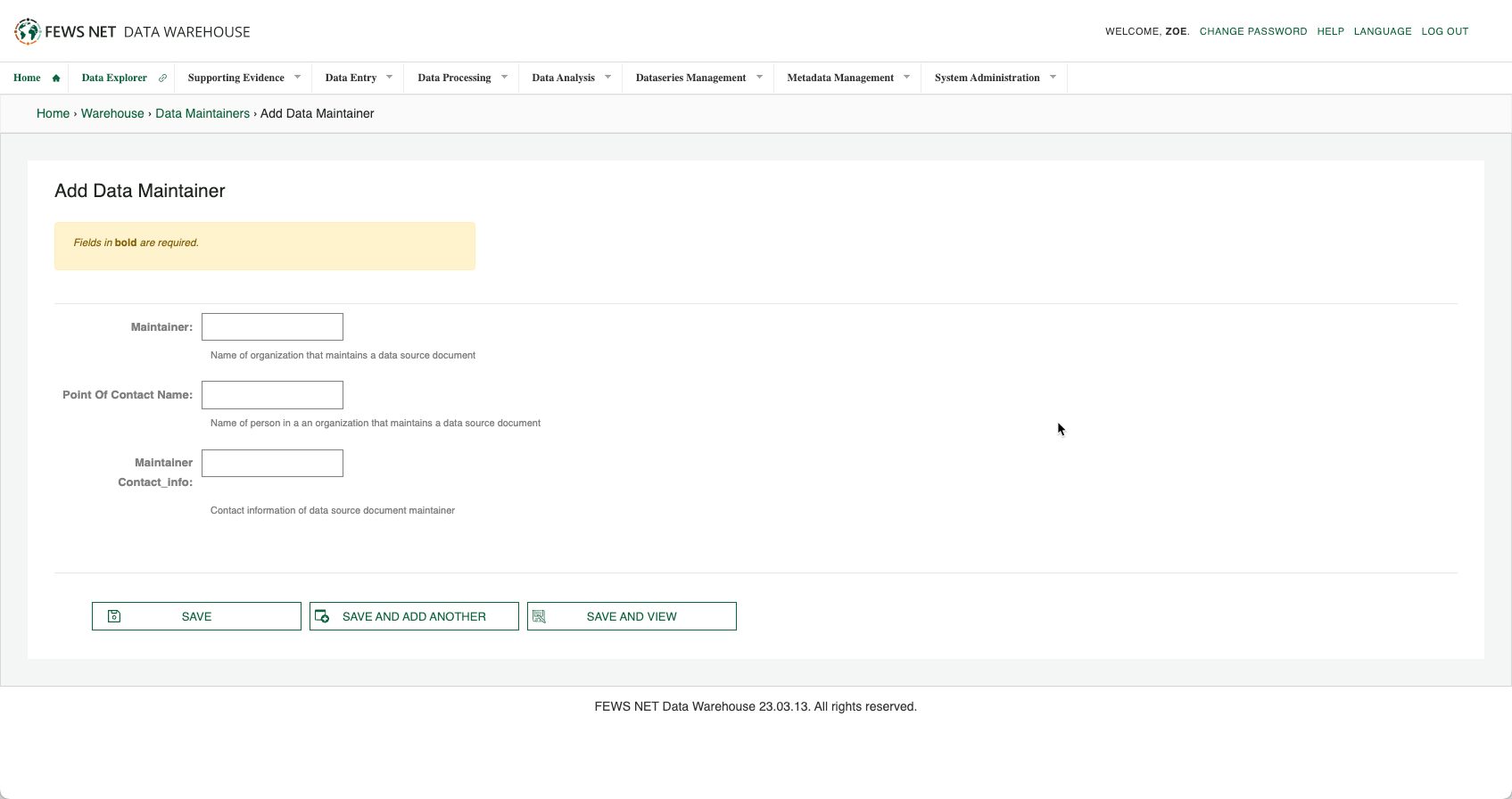 Screenshot of the Add Data Maintainer screen.
