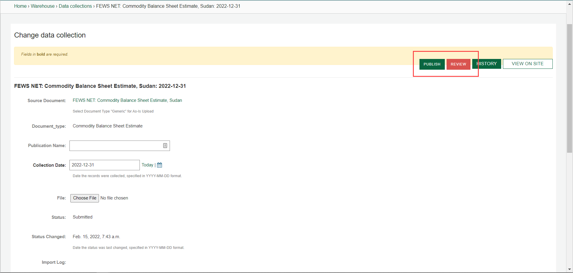 The change data collection screen has publish, review, history and view on site buttons in the upper right-hand side of the page.