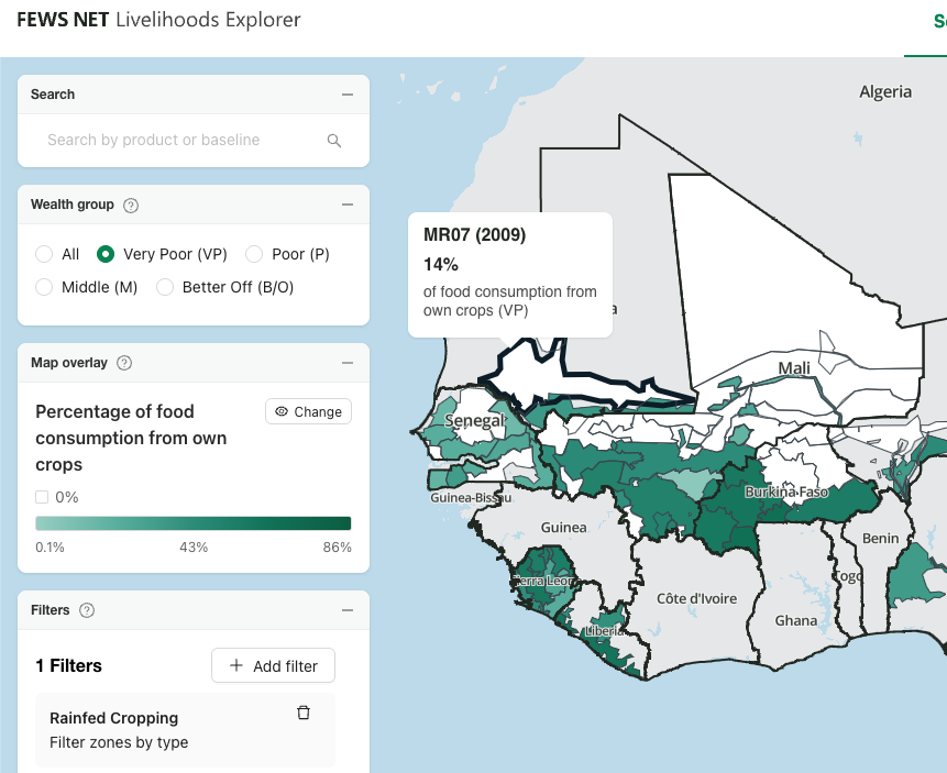 Map shows West Africa with the map overlay showing percentage of food from own crops for the very poor wealth group. 