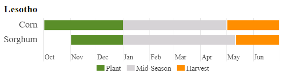 Corn is planted Oct - Dec. Sorghnum is planted Nov - Dec. Both are harvested in May and June.