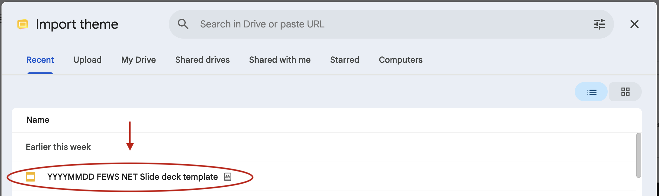Import theme dialogue box with the FEWS NET slide deck template circled.