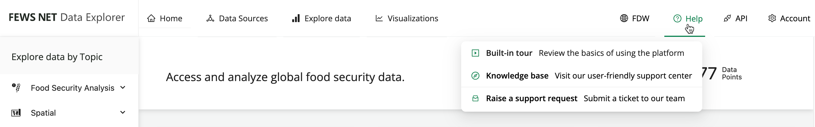 Hovering over the Help tab displays the dropdown options.