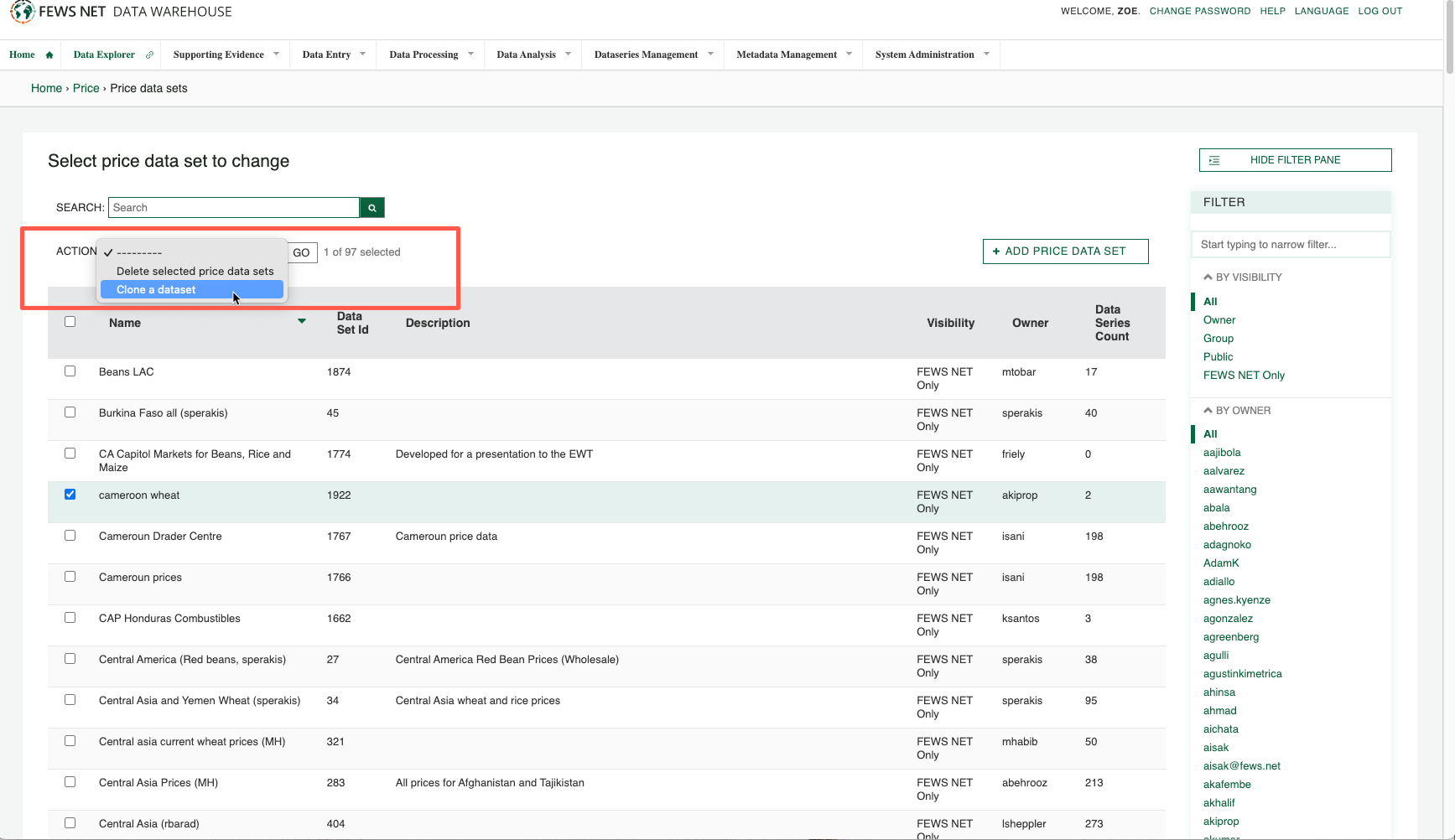 The Clone a dataset option is available in the Action field dropdown.