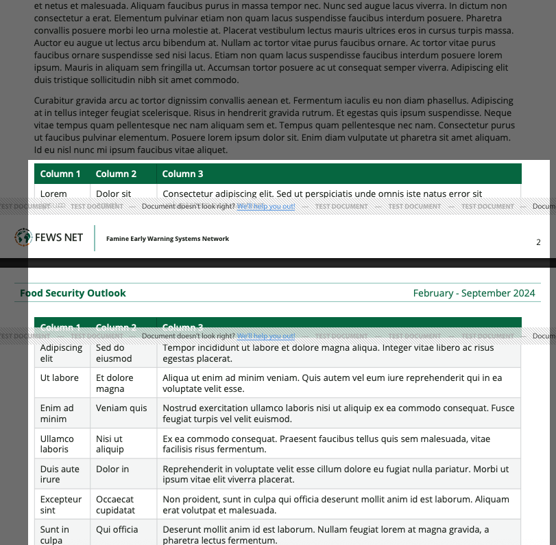 Before inserting a page break, the table header appears twice and the page break is positioned after the first row of content by default.
