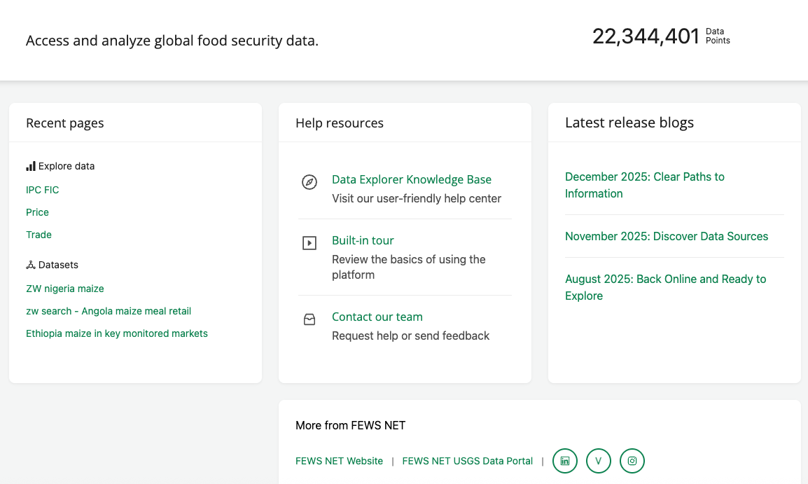 The home page is divided into three columns showing Recent pages, Help resources, and Latest release blogs. More from FEWS NET links appear at the bottom.
