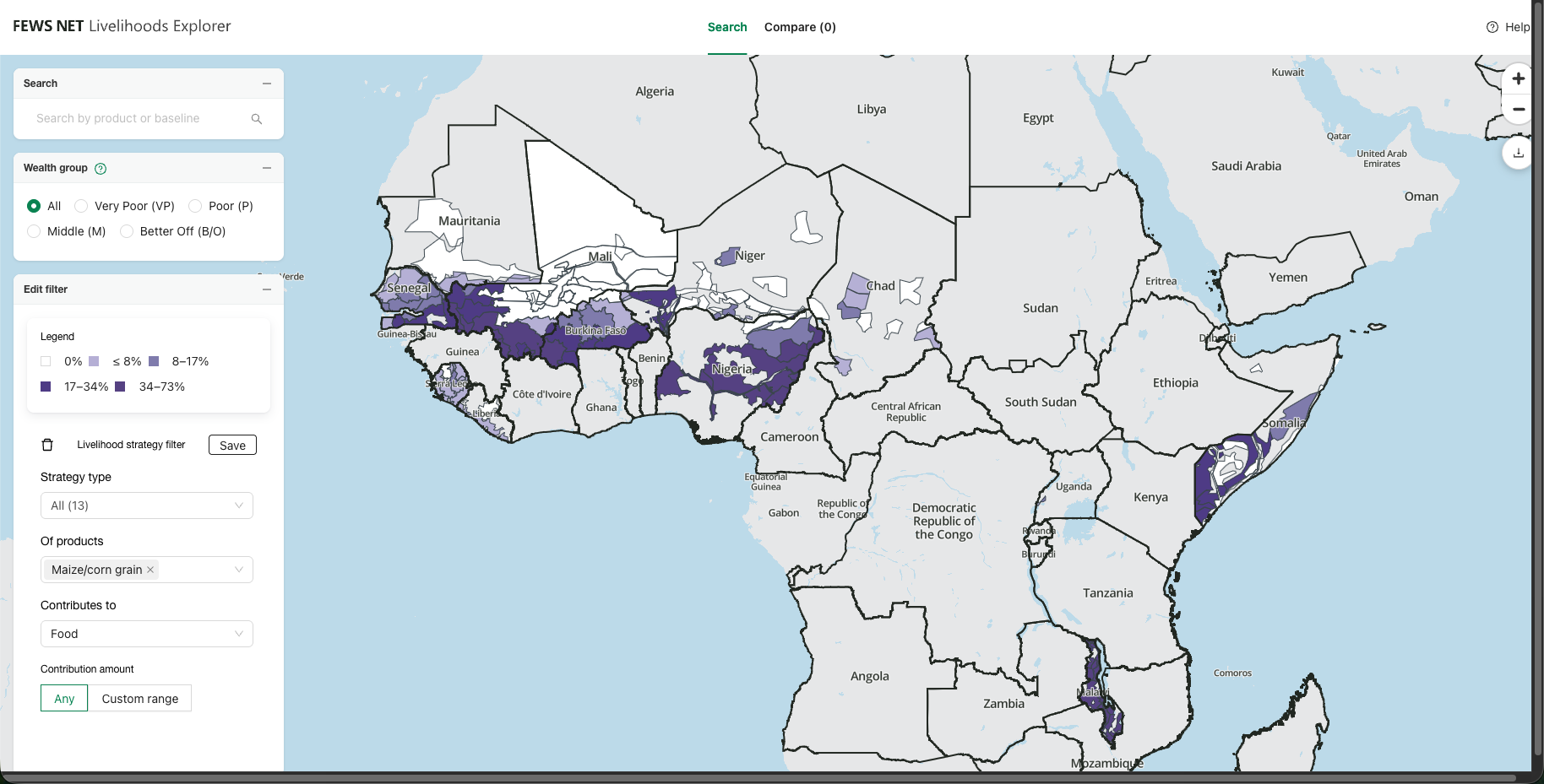 Livelihoods Explorer with both an overlay and a filter applied. 