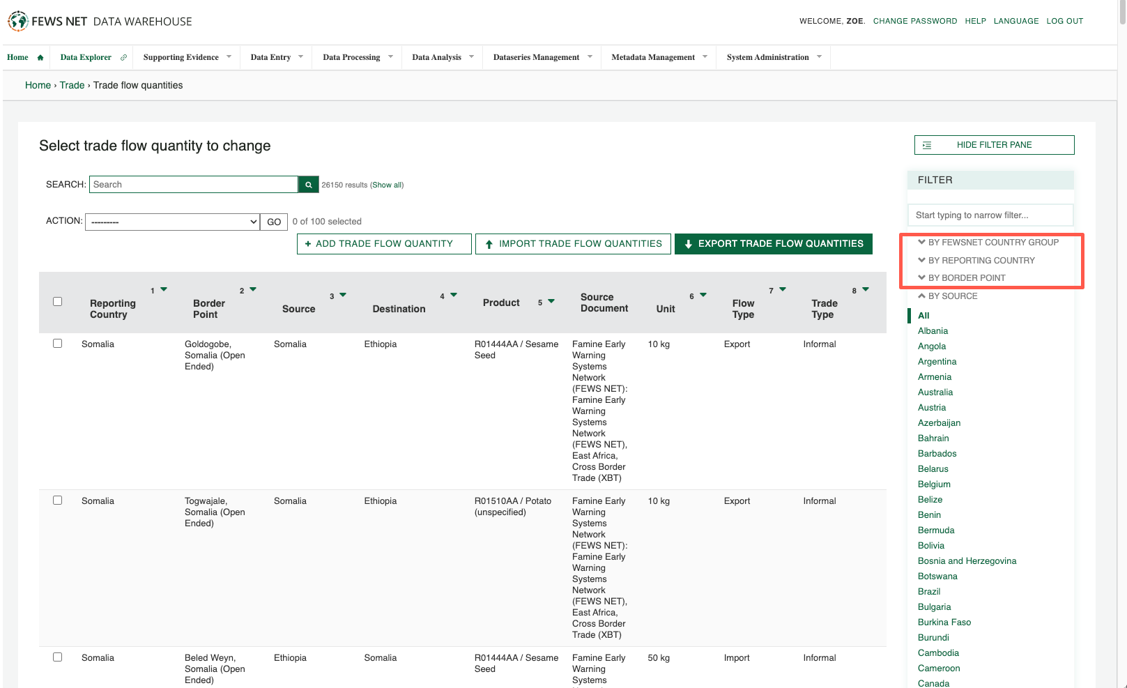 The downward facing chevrons next to the filter sections By Fewsnet Country Group, By Reporting Country, and By Border Point indicates that these filter sections are currently collapsed - the filter section names can be clicked to expand them.