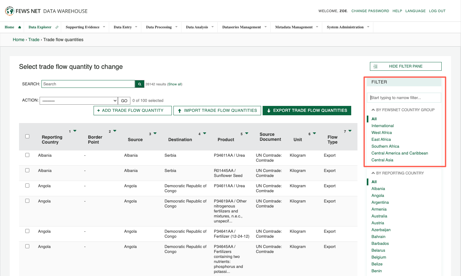 The new search box appears at the top of the filter pane. The new FEWS NET Country Group filter selects all by default, with the option to select a particular region.