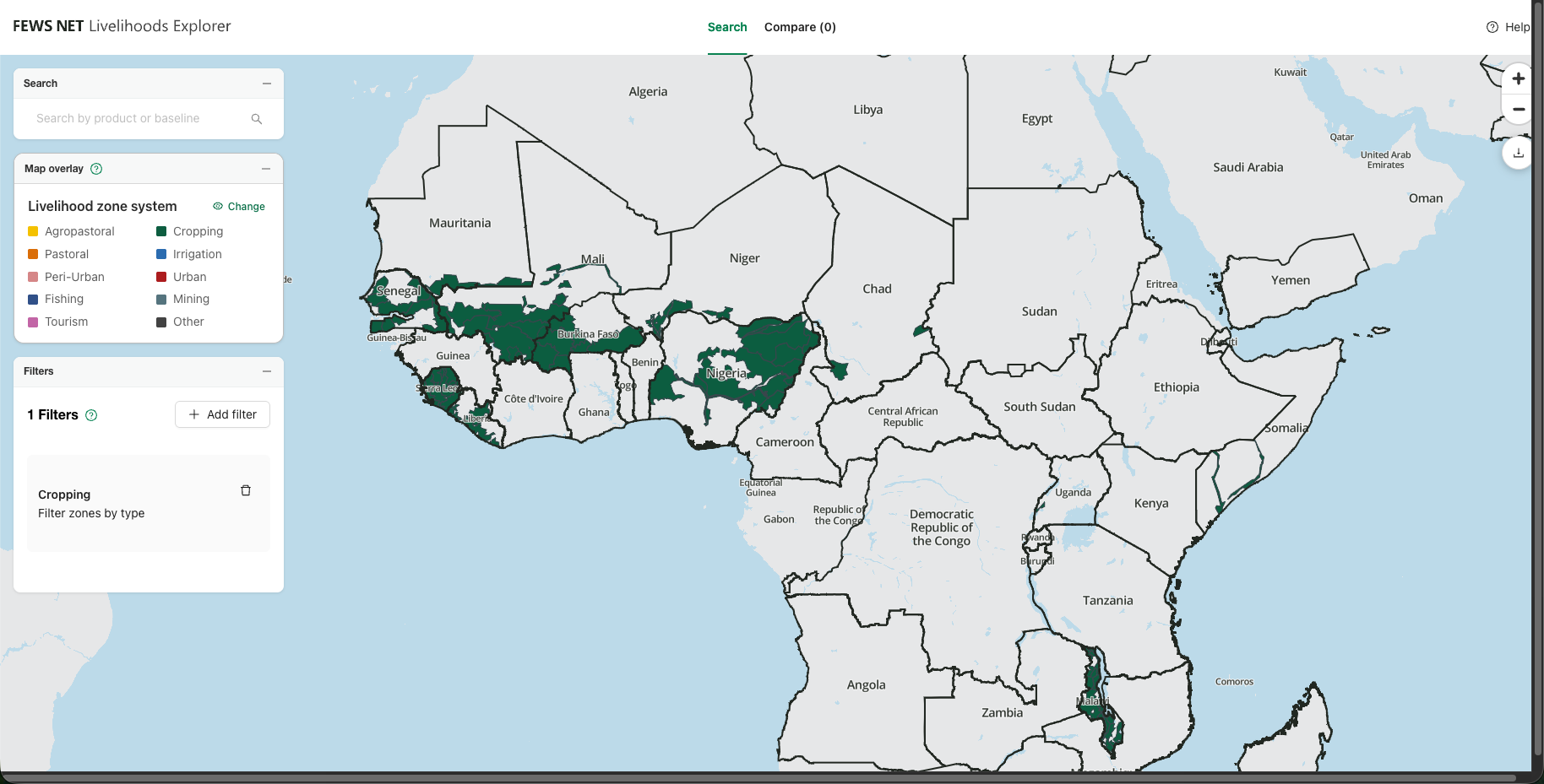 Livelihood Explorer home page with a filter applied to show only Cropping type Livelihood Zones. 