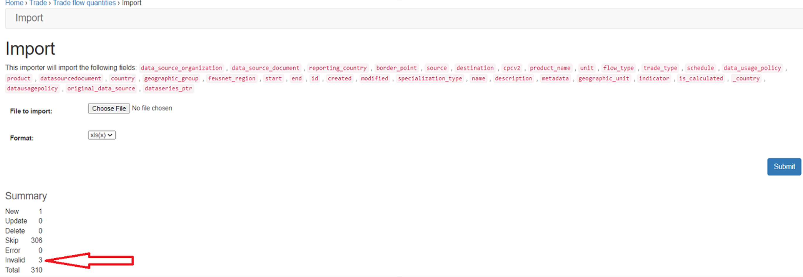 The import screen confirms the fields that will be imported and provides a summary of the new, skipped, and invalid records.