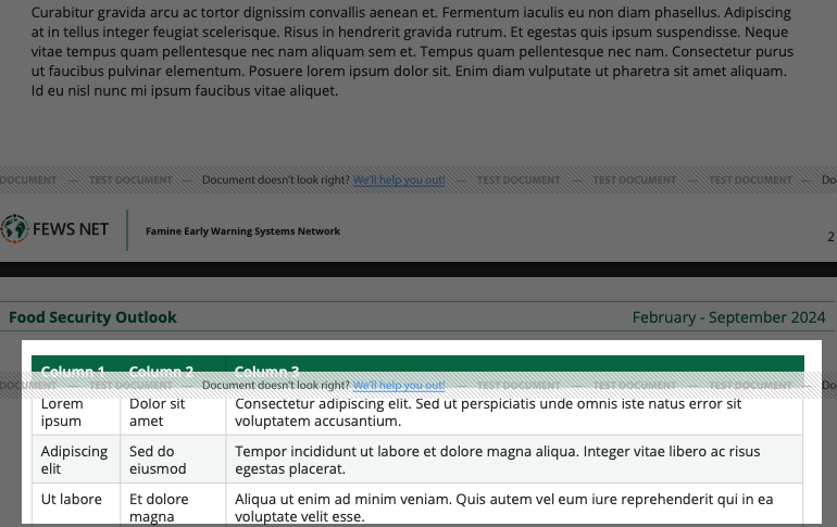 After adding the page break, the table starts on the second page. A small amount of white space has been added to the bottom of the first page.