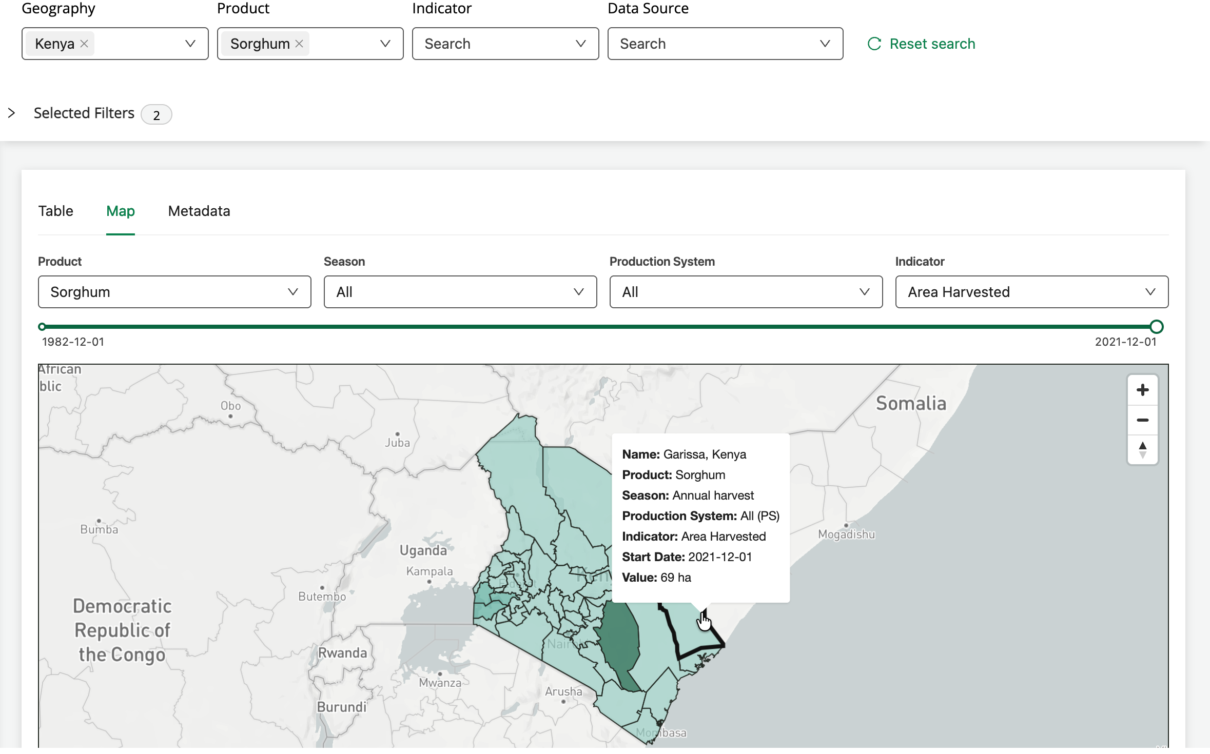 Example of previewing results for sorghum in Kenya on the map.