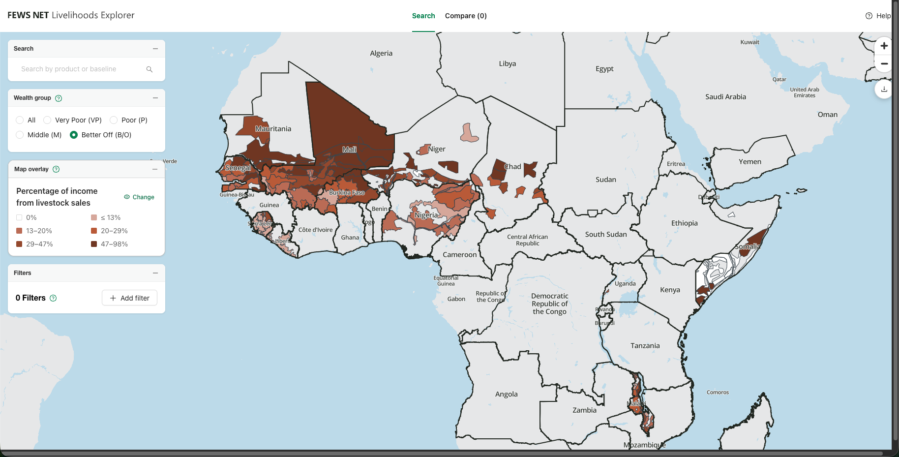 Livelihoods Explorer map with overlay applied to show percentage of income from livestock sales. 