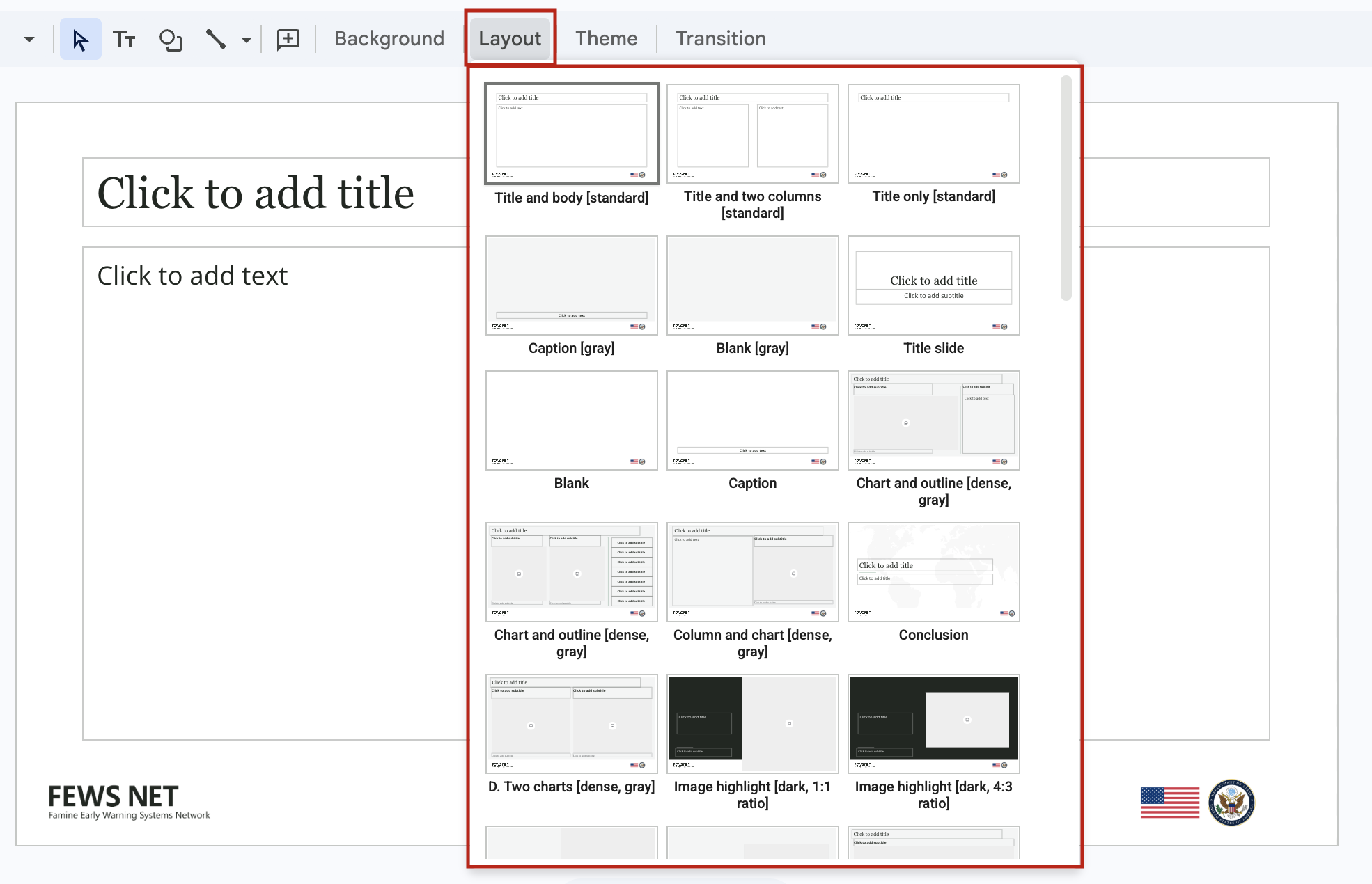 Google Slides interface with the slide layout options highlighted.