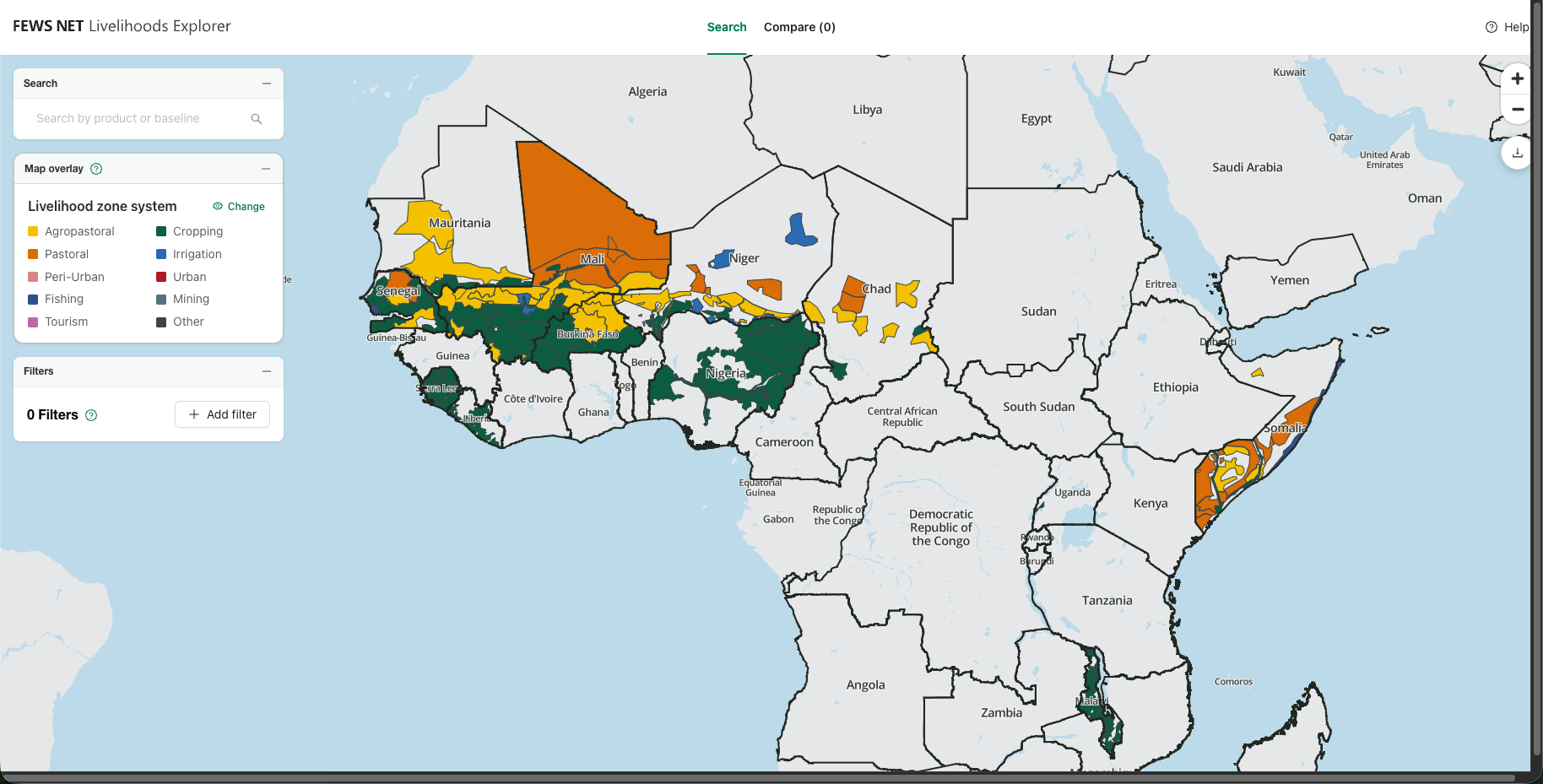 Landing page of the Livelihoods Explorer showing a map of the world with Africa centered on the screen. 