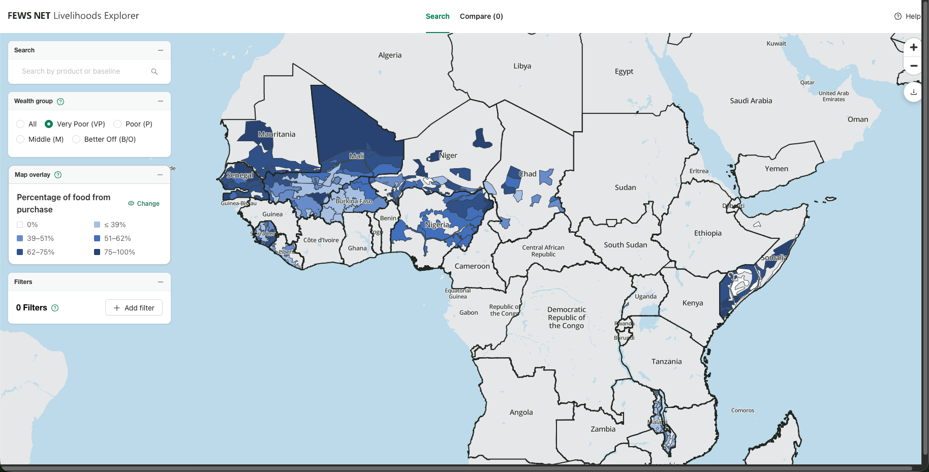 Livelihoods Explorer map with an overlay applied to show percentage of food form own purchase. 