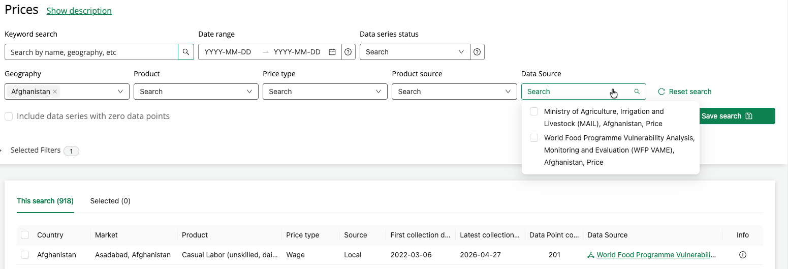 Filtering for Afghanistan on the Prices topic page shows Ministry of Agriculture, Irrigation, and Livestock and World Food Programme Vulnerability Analysis, Monitoring and Evaluation Data Sources. 